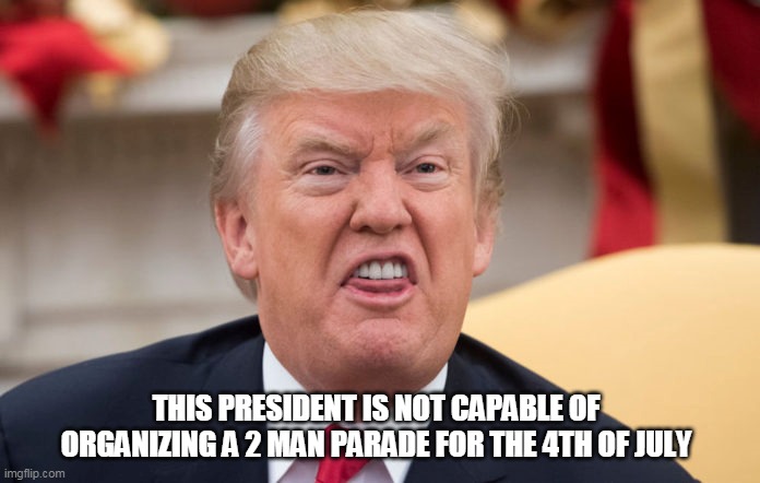 A parade? | THIS PRESIDENT IS NOT CAPABLE OF ORGANIZING A 2 MAN PARADE FOR THE 4TH OF JULY | image tagged in donald trump | made w/ Imgflip meme maker