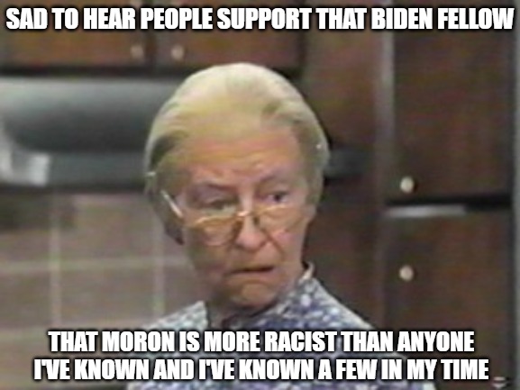 Even Granny | SAD TO HEAR PEOPLE SUPPORT THAT BIDEN FELLOW; THAT MORON IS MORE RACIST THAN ANYONE
I'VE KNOWN AND I'VE KNOWN A FEW IN MY TIME | image tagged in memes,biden,loser,fun,funny,granny | made w/ Imgflip meme maker