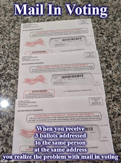 mailin | Mail In Voting; When you receive 3 ballots addressed to the same person at the same address you realize the problem with mail in voting | image tagged in mailin | made w/ Imgflip meme maker