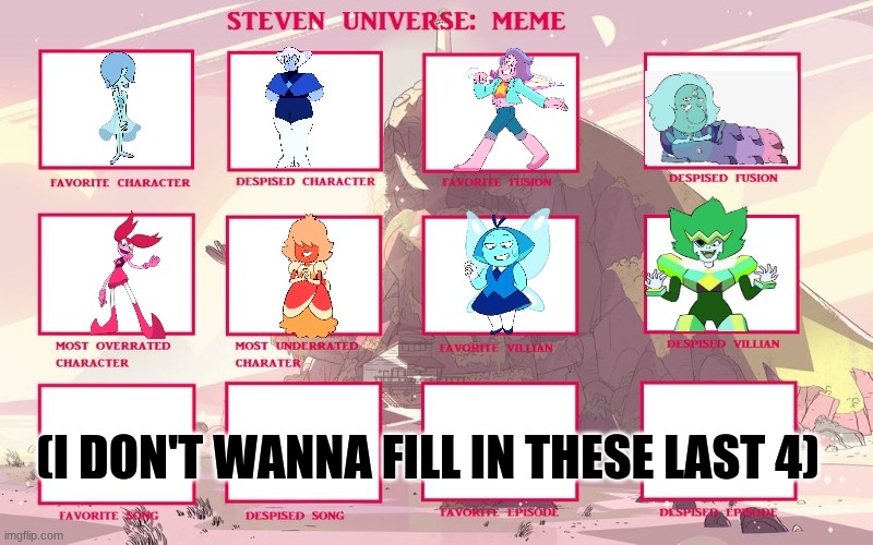The names of character and reasons why in comments! (before you say anything, these are only my opinion ) | (I DON'T WANNA FILL IN THESE LAST 4) | image tagged in steven universe | made w/ Imgflip meme maker