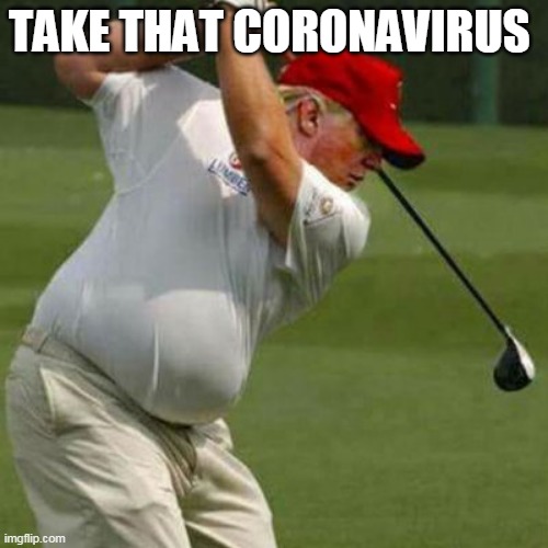 President $hitshow |  TAKE THAT CORONAVIRUS | image tagged in donald trump,trump supporters,trump golfing,republicans,coronavirus | made w/ Imgflip meme maker