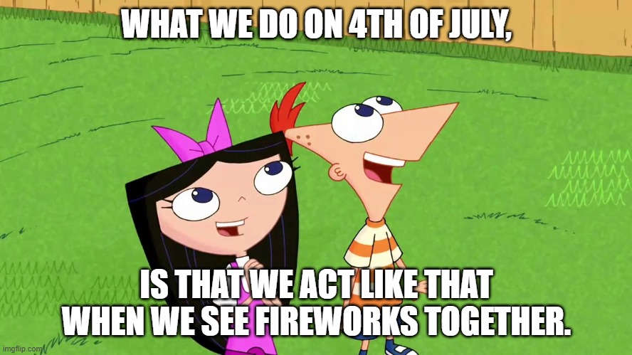 Disney's 4th of July | WHAT WE DO ON 4TH OF JULY, IS THAT WE ACT LIKE THAT WHEN WE SEE FIREWORKS TOGETHER. | image tagged in disney,phineas and ferb,4th of july,fireworks | made w/ Imgflip meme maker