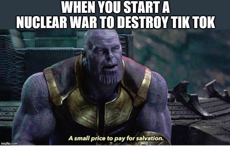A small price to pay for salvation | WHEN YOU START A NUCLEAR WAR TO DESTROY TIK TOK | image tagged in a small price to pay for salvation | made w/ Imgflip meme maker
