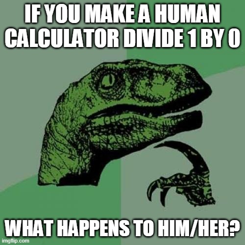 Philosoraptor Meme | IF YOU MAKE A HUMAN CALCULATOR DIVIDE 1 BY 0; WHAT HAPPENS TO HIM/HER? | image tagged in memes,philosoraptor | made w/ Imgflip meme maker