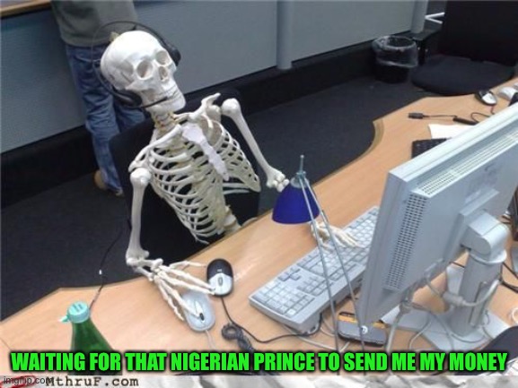 Oof | WAITING FOR THAT NIGERIAN PRINCE TO SEND ME MY MONEY | image tagged in skeleton computer,oof,nigerian prince,funny,memes | made w/ Imgflip meme maker