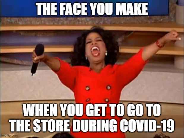 Oprah You Get A | THE FACE YOU MAKE; WHEN YOU GET TO GO TO THE STORE DURING COVID-19 | image tagged in memes,oprah you get a | made w/ Imgflip meme maker