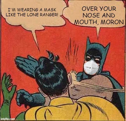 Batman Slapping Robin | OVER YOUR NOSE AND MOUTH, MORON; I'M WEARING A MASK LIKE THE LONE RANGER! | image tagged in memes,batman slapping robin | made w/ Imgflip meme maker