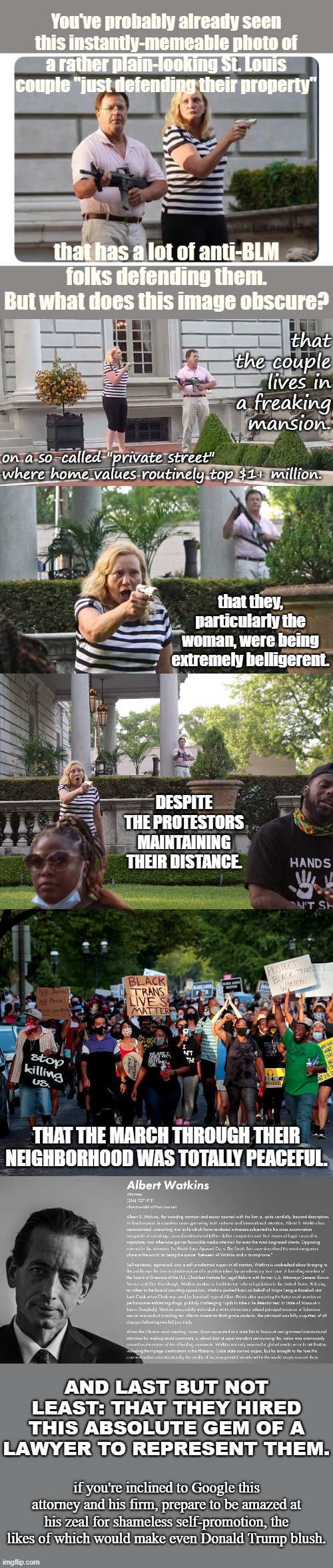 The story behind this already-classic meme. | You've probably already seen this instantly-memeable photo of a rather plain-looking St. Louis couple "just defending their property"; that has a lot of anti-BLM folks defending them. But what does this image obscure? that the couple lives in a freaking mansion. on a so-called "private street" where home values routinely top $1+ million. that they, particularly the woman, were being extremely belligerent. DESPITE THE PROTESTORS MAINTAINING THEIR DISTANCE. THAT THE MARCH THROUGH THEIR NEIGHBORHOOD WAS TOTALLY PEACEFUL. AND LAST BUT NOT LEAST: THAT THEY HIRED THIS ABSOLUTE GEM OF A LAWYER TO REPRESENT THEM. if you're inclined to Google this attorney and his firm, prepare to be amazed at his zeal for shameless self-promotion, the likes of which would make even Donald Trump blush. | image tagged in mccloskey,al watkins,st louis couple mccloskey,st louis couple mccloskey protest,black lives matter,memes about memes | made w/ Imgflip meme maker