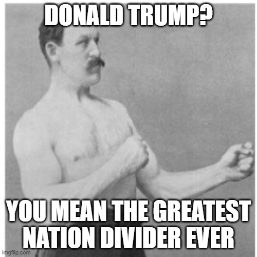 Overly Manly Man Can't Take It Anymore, VOTE! | DONALD TRUMP? YOU MEAN THE GREATEST NATION DIVIDER EVER | image tagged in memes,overly manly man,dump trump,dumptrump,nevertrump,nevertrump meme | made w/ Imgflip meme maker