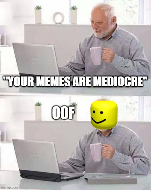 Your Memes are Mediocre | "YOUR MEMES ARE MEDIOCRE"; OOF | image tagged in memes,hide the pain harold | made w/ Imgflip meme maker