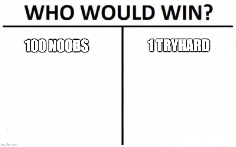 who will win | 1 TRYHARD; 100 NOOBS | image tagged in memes,who would win | made w/ Imgflip meme maker