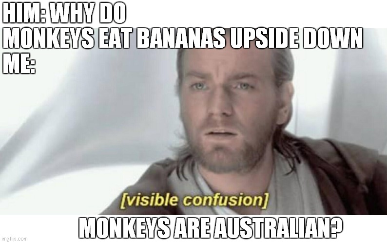 Visible Confusion | HIM: WHY DO MONKEYS EAT BANANAS UPSIDE DOWN
ME:; MONKEYS ARE AUSTRALIAN? | image tagged in visible confusion | made w/ Imgflip meme maker