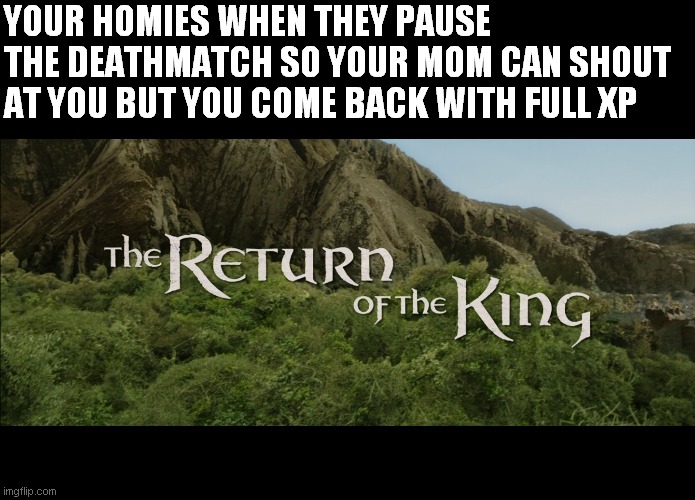 Return Of The King | YOUR HOMIES WHEN THEY PAUSE THE DEATHMATCH SO YOUR MOM CAN SHOUT AT YOU BUT YOU COME BACK WITH FULL XP | image tagged in return of the king | made w/ Imgflip meme maker