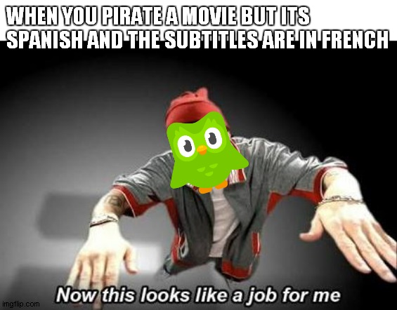 Now this looks like a job for me | WHEN YOU PIRATE A MOVIE BUT ITS SPANISH AND THE SUBTITLES ARE IN FRENCH | image tagged in now this looks like a job for me,duolingo | made w/ Imgflip meme maker