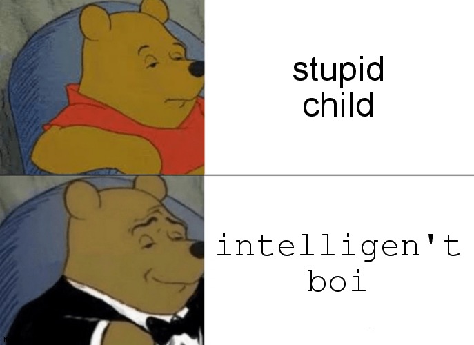 Tuxedo Winnie The Pooh Meme | stupid child; intelligen't boi | image tagged in memes,tuxedo winnie the pooh | made w/ Imgflip meme maker