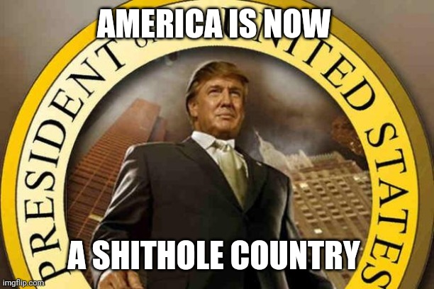 trump | AMERICA IS NOW; A SHITHOLE COUNTRY | image tagged in trump | made w/ Imgflip meme maker