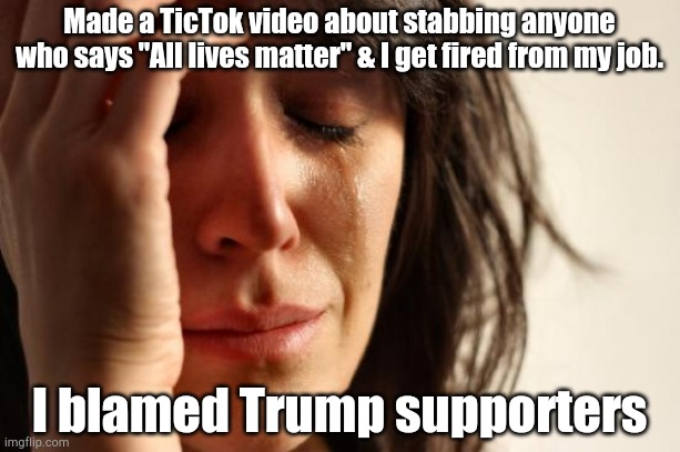 First World Problems Meme | Made a TicTok video about stabbing anyone who says "All lives matter" & I get fired from my job. I blamed Trump supporters | image tagged in memes,first world problems | made w/ Imgflip meme maker