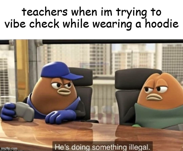based on a true story | teachers when im trying to vibe check while wearing a hoodie | image tagged in he's doing something illegal | made w/ Imgflip meme maker