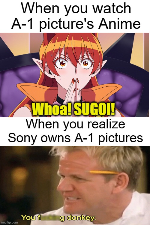 Sad A.F. | When you watch A-1 picture's Anime; Whoa! SUGOI! When you realize Sony owns A-1 pictures | image tagged in blank white template | made w/ Imgflip meme maker