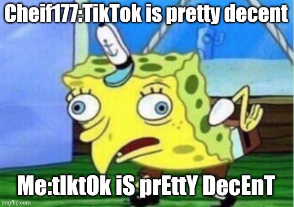 Mocking Spongebob Meme | Cheif177:TikTok is pretty decent Me:tIktOk iS prEttY DecEnT | image tagged in memes,mocking spongebob | made w/ Imgflip meme maker