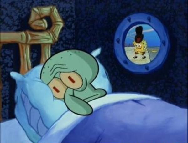 Squidward sleeping with spongebob outside Blank Meme Template