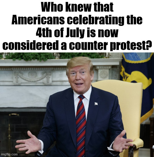Stop letting them take away our history and celebrate today with family and friends. | Who knew that Americans celebrating the 4th of July is now considered a counter protest? | image tagged in who knew,independence day,4th of july,donald trump | made w/ Imgflip meme maker