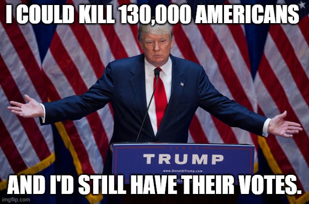 Donald Trump | I COULD KILL 130,000 AMERICANS; AND I'D STILL HAVE THEIR VOTES. | image tagged in donald trump | made w/ Imgflip meme maker