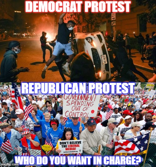 Protest Differences | DEMOCRAT PROTEST; REPUBLICAN PROTEST; WHO DO YOU WANT IN CHARGE? | image tagged in liberals,riots,patriots,republicans,america,politics | made w/ Imgflip meme maker