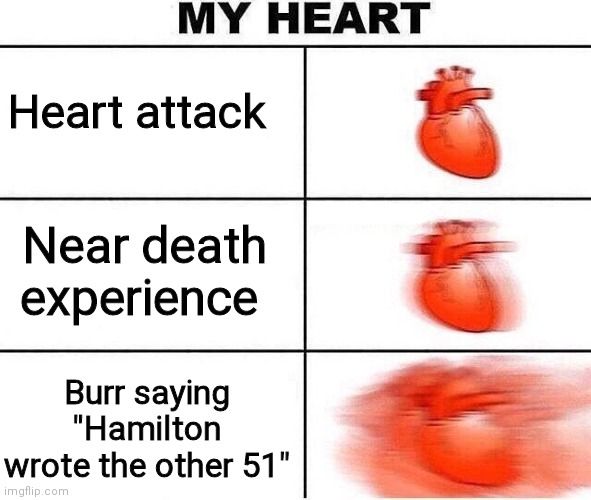Thanks Disney + | Heart attack; Near death experience; Burr saying "Hamilton wrote the other 51" | image tagged in heart beating fast | made w/ Imgflip meme maker
