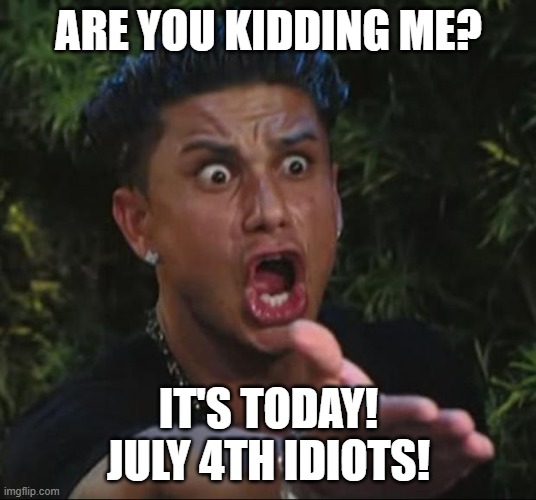 DJ Pauly D Meme | ARE YOU KIDDING ME? IT'S TODAY! JULY 4TH IDIOTS! | image tagged in memes,dj pauly d | made w/ Imgflip meme maker