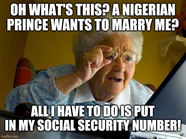 Really grandma? | OH WHAT'S THIS? A NIGERIAN PRINCE WANTS TO MARRY ME? ALL I HAVE TO DO IS PUT IN MY SOCIAL SECURITY NUMBER! | image tagged in memes,grandma finds the internet,nigerian prince | made w/ Imgflip meme maker