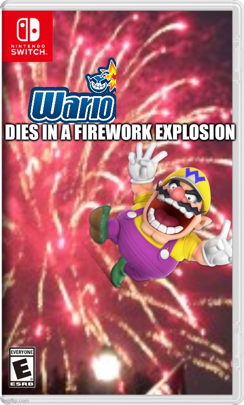 Just a little wario death for the 4th of July | DIES IN A FIREWORK EXPLOSION | image tagged in wario,wario dies,fake switch games,4th of july,memes | made w/ Imgflip meme maker