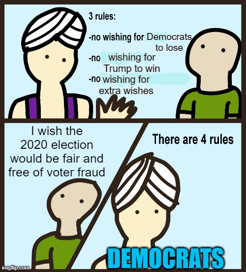Only people planning on cheating will support cheating | Democrats to lose; wishing for Trump to win; wishing for extra wishes; I wish the 2020 election would be fair and free of voter fraud; DEMOCRATS | image tagged in genie rules meme,political meme,memes,election 2020,voter fraud,democrats | made w/ Imgflip meme maker