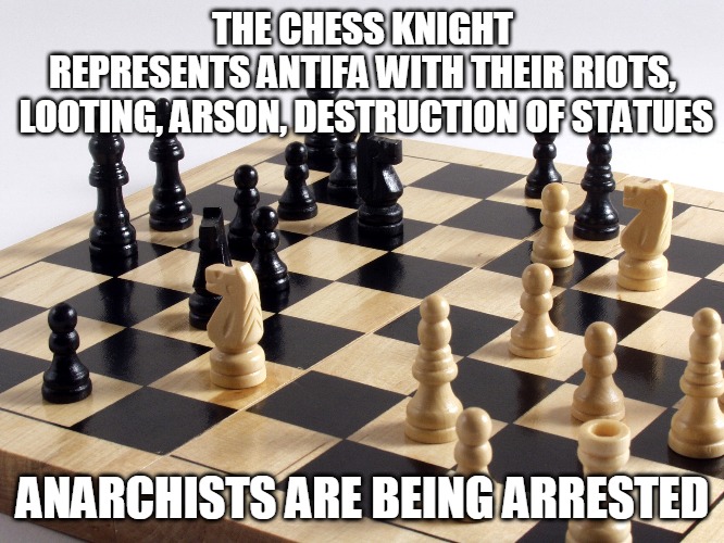 Anarchists Arrested | THE CHESS KNIGHT
REPRESENTS ANTIFA WITH THEIR RIOTS,
 LOOTING, ARSON, DESTRUCTION OF STATUES; ANARCHISTS ARE BEING ARRESTED | image tagged in chess,knight,antifa,looting,arson,statue | made w/ Imgflip meme maker
