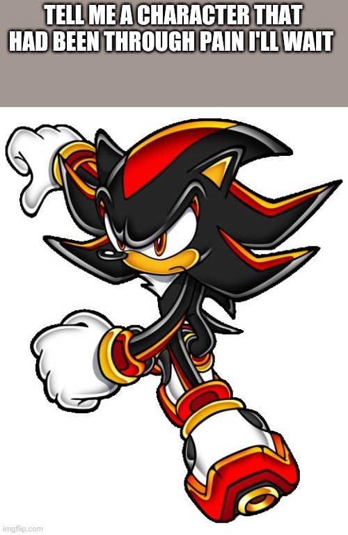 Shadow the hedgehog | TELL ME A CHARACTER THAT HAD BEEN THROUGH PAIN I'LL WAIT | image tagged in shadow the hedgehog,sonic,memes | made w/ Imgflip meme maker
