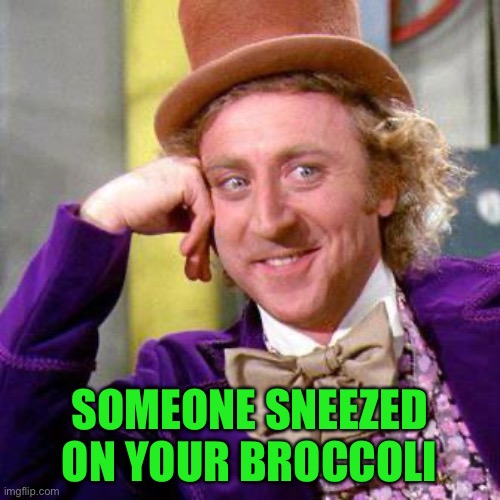 Willy Wonka Blank | SOMEONE SNEEZED ON YOUR BROCCOLI | image tagged in willy wonka blank | made w/ Imgflip meme maker