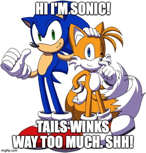 winks to much | HI I'M SONIC! TAILS WINKS WAY TOO MUCH. SHH! | image tagged in tails,sonic | made w/ Imgflip meme maker