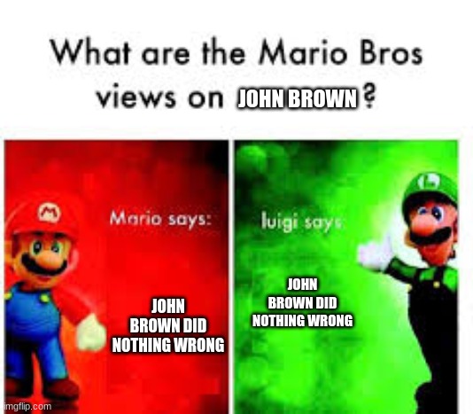 Mario Brothers Veiws | JOHN BROWN; JOHN BROWN DID NOTHING WRONG; JOHN BROWN DID NOTHING WRONG | image tagged in mario brothers veiws,ShermanPosting | made w/ Imgflip meme maker