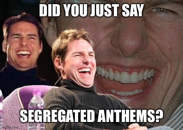 Tom Cruise laugh | DID YOU JUST SAY SEGREGATED ANTHEMS? | image tagged in tom cruise laugh | made w/ Imgflip meme maker
