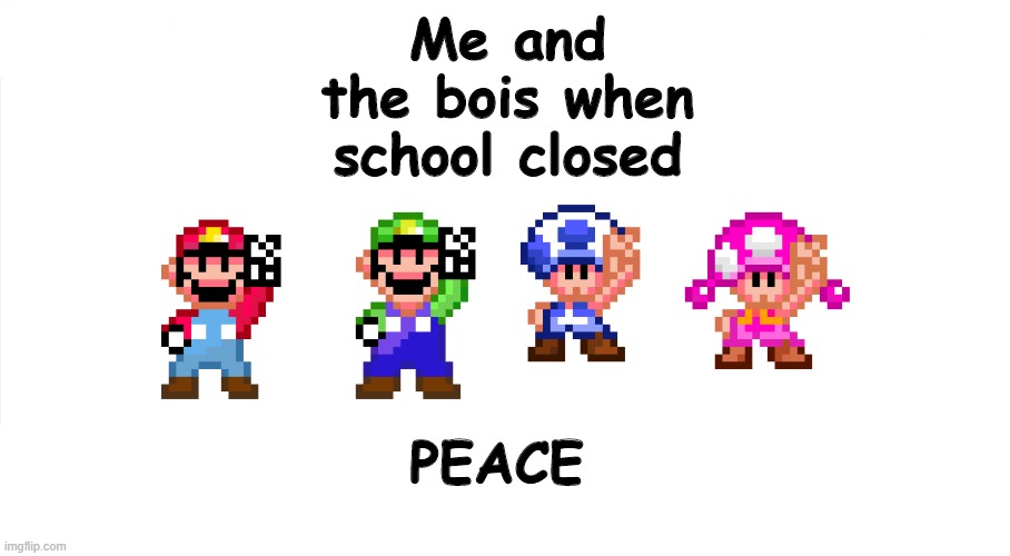 Me and the Bois | Me and the bois when school closed; PEACE | image tagged in mario,peace sign | made w/ Imgflip meme maker
