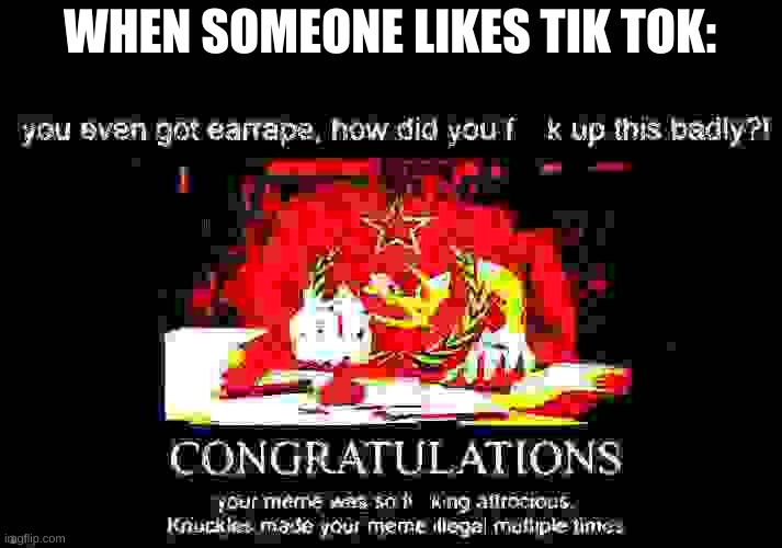 Extreme Knuckles Meme Illegal | WHEN SOMEONE LIKES TIK TOK: | image tagged in extreme knuckles meme illegal | made w/ Imgflip meme maker