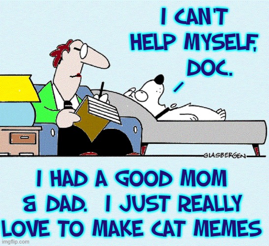You Ain't Nothing but a Hound Psychiatrist | I CAN'T HELP MYSELF,     DOC. /; I HAD A GOOD MOM & DAD.  I JUST REALLY LOVE TO MAKE CAT MEMES | image tagged in vince vance,psychiatrist,dogs,cats,memes,making memes | made w/ Imgflip meme maker