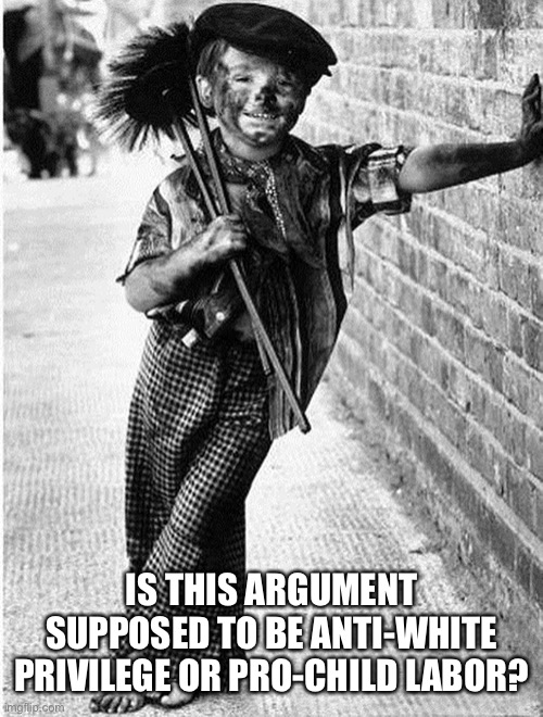 Child Chimney Sweeper | IS THIS ARGUMENT SUPPOSED TO BE ANTI-WHITE PRIVILEGE OR PRO-CHILD LABOR? | image tagged in child chimney sweeper | made w/ Imgflip meme maker