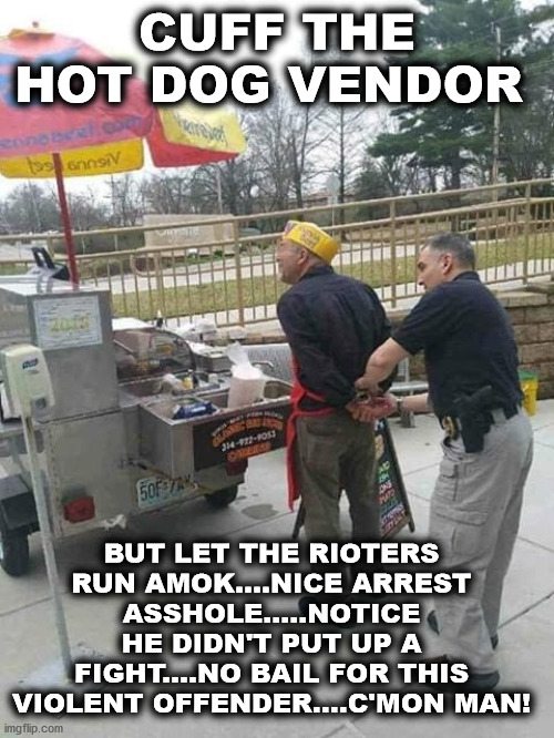 lawbreasker | CUFF THE HOT DOG VENDOR; BUT LET THE RIOTERS RUN AMOK....NICE ARREST ASSHOLE.....NOTICE HE DIDN'T PUT UP A FIGHT....NO BAIL FOR THIS VIOLENT OFFENDER....C'MON MAN! | image tagged in lawbreasker | made w/ Imgflip meme maker