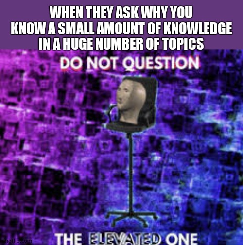 Do not question the elevated one | WHEN THEY ASK WHY YOU KNOW A SMALL AMOUNT OF KNOWLEDGE IN A HUGE NUMBER OF TOPICS | image tagged in do not question the elevated one | made w/ Imgflip meme maker