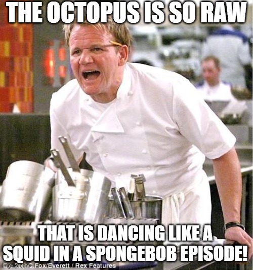 e | THE OCTOPUS IS SO RAW; THAT IS DANCING LIKE A SQUID IN A SPONGEBOB EPISODE! | image tagged in memes,chef gordon ramsay | made w/ Imgflip meme maker
