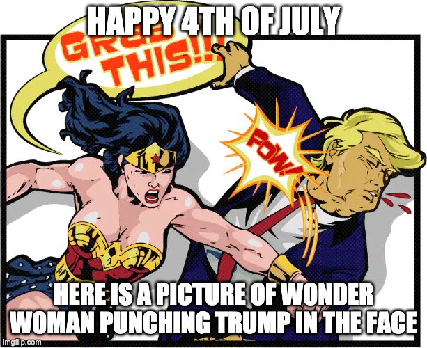 Punch Trump in the face | HAPPY 4TH OF JULY; HERE IS A PICTURE OF WONDER WOMAN PUNCHING TRUMP IN THE FACE | image tagged in wonder woman,trump,fat trump | made w/ Imgflip meme maker
