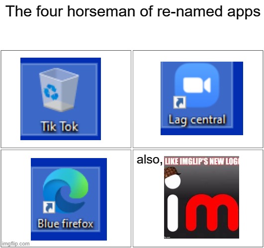 Renamed apps are very good things | The four horseman of re-named apps; also, | image tagged in memes,blank comic panel 2x2 | made w/ Imgflip meme maker