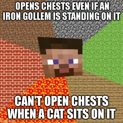 minecraft logic |  OPENS CHESTS EVEN IF AN IRON GOLLEM IS STANDING ON IT; CAN'T OPEN CHESTS WHEN A CAT SITS ON IT | image tagged in minecraft steve,logic | made w/ Imgflip meme maker