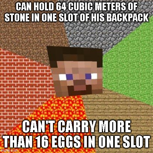 Minecrfat logic | CAN HOLD 64 CUBIC METERS OF STONE IN ONE SLOT OF HIS BACKPACK; CAN'T CARRY MORE THAN 16 EGGS IN ONE SLOT | image tagged in minecraft steve,minecraft creeper,logic | made w/ Imgflip meme maker